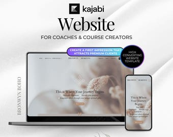 May include: A laptop and smartphone display a website template. The text on the screen reads "This is Where Your Journey Begins." The image also includes the Kajabi logo and the text "Website for Coaches & Course Creators."
