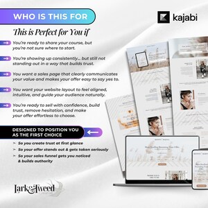 May include: A promotional graphic for Kajabi, featuring website mockups on a laptop, tablet, and printouts. Text includes "Who is this for?" and "Designed to position you as the first choice."