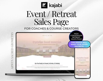 May include: A laptop and smartphone show a website design for an event sales page. The design includes the text "Event/Retreat Sales Page" and "Crystalline Sound Immersion." A circular badge reads "High Conversion Retreat Sales Page."