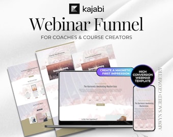 May include: A digital marketing graphic with the text "Webinar Funnel" and "For Coaches & Course Creators." The image includes a laptop, phone, and printouts displaying a webinar template. The Kajabi logo is at the top.