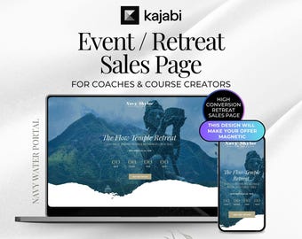 May include: A laptop and smartphone displaying a website template titled The Flow Temple Retreat, featuring a mountain landscape and statue. Text includes Kajabi, Event / Retreat Sales Page, and Lark & Tweed Creative.