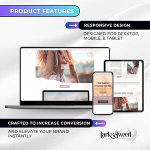 May include: A laptop, smartphone, and tablet display a website design, showcasing responsive design for desktop, mobile, and tablet. Text includes "Product Features," "Responsive Design," and "Crafted to Increase Conversion."