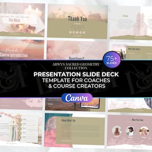 May include: A presentation slide deck template for coaches and course creators. The design features a Canva logo and includes slides with text such as "Thank You", "Course Introduction", and "Meet The Team". The deck has over 75 slides.