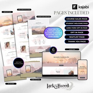 May include: A digital marketing graphic showcasing website page templates. The image displays a laptop, phone, and several page mockups, including a course sales page, opt-in page, and thank you page. The Kajabi logo is visible.