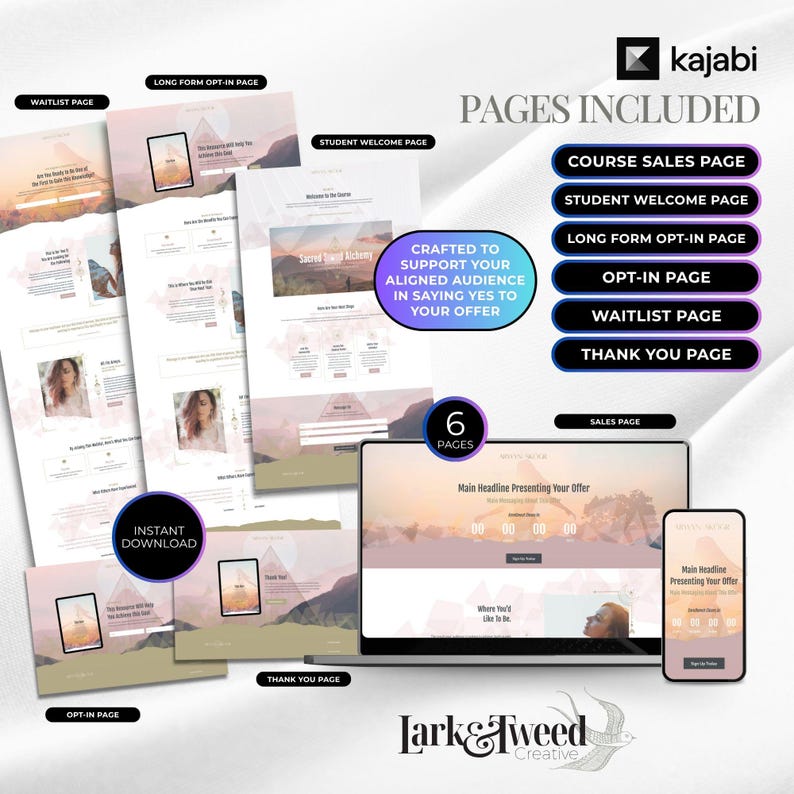 May include: A digital marketing graphic showcasing website page templates. The image displays a laptop, phone, and several page mockups, including a course sales page, opt-in page, and thank you page. The Kajabi logo is visible.
