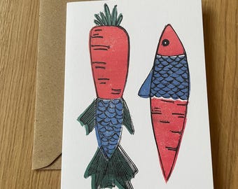Lino print silly card - Carrot Fish Card - Random Card - Blank occasion card