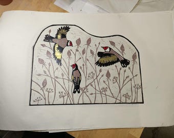 Goldfinch Charm Reduction Lino Print – UK Artist, Hand-Painted Accents