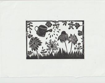 Garden Lino Print | Flowers Watering Can Linocut | Black White Art UK Artist