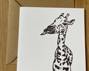 Giraffe Linoprint Greeting Card, Wildlife Art, Square Blank Card, All Occasion Giraffe Lovers