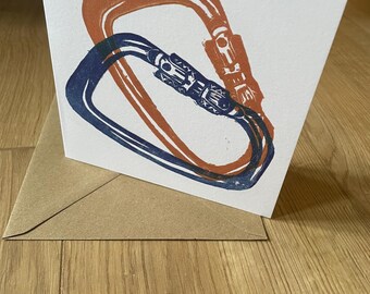 Carabiner Greeting Card, Climbing Card, Orange and blue, Blank inside