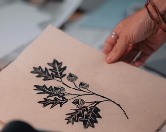 Oak leaf lino print original, handprinted in the UK on awagami paper