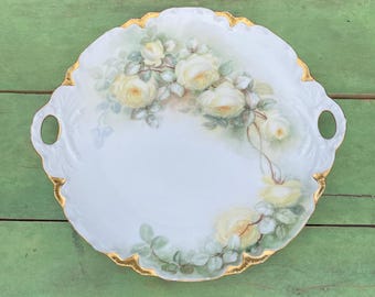 Haviland Frankrike Gula Rosor Tallrik Handmålad Guldkant 25 cm Med Handtag