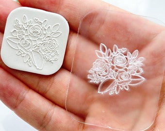 Roses Bouquet #2 Acrylic Texture Tile | Acrylic Embossing Stamp | Polymer Clay Debossing Tool | Clay Earrings Making Tool