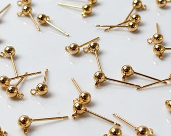 Perni terminali a sfera in ottone placcato oro 18K di alta qualità con anello orizzontale, 30 pezzi/sacchetto, componenti per orecchini anti-ossidazione/senza nichel