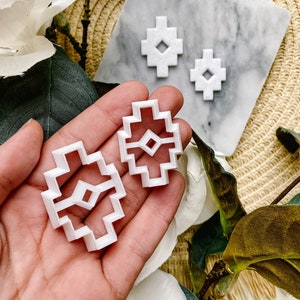 May include: Two white plastic cookie cutters in the shape of a geometric design. The cutters are in the shape of a square with a diamond in the centre. The cutters are on a white marble surface.