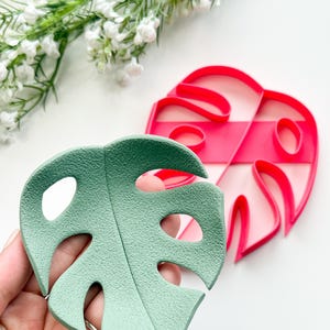 May include: A light green monstera leaf-shaped object with a textured surface is held in a hand. A red plastic monstera leaf-shaped cookie cutter is in the background. The objects are on a white surface.