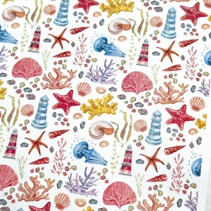May include: Watercolor illustration with a repeating pattern of marine life. The design includes red starfish, coral, seashells, jellyfish, and lighthouses in shades of red, yellow, blue, and pink against a white background. The artwork evokes a nautical theme.