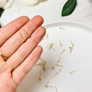 May include: A close-up of a hand holding two gold earring posts. A white plate with a scattering of gold earring posts is in the background.