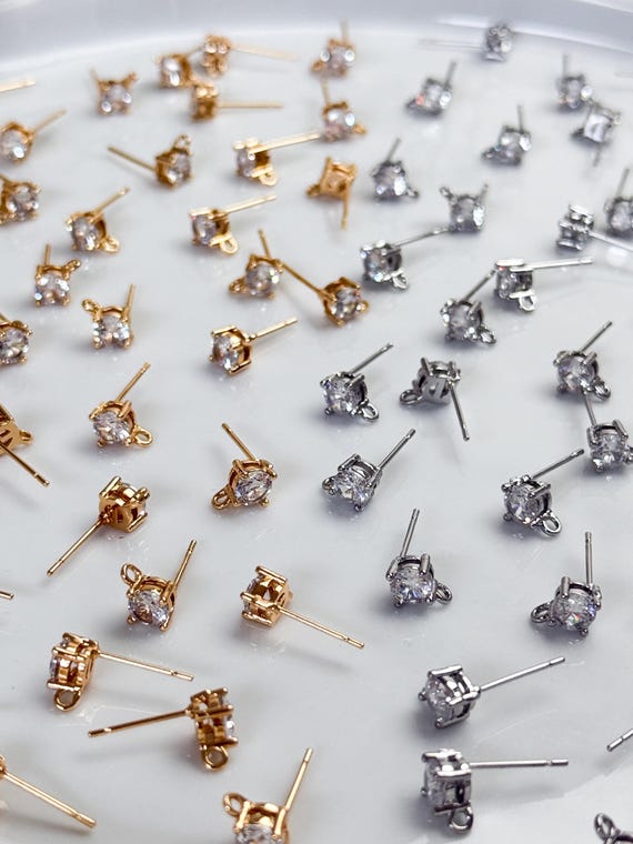 10pcs 18K Gold/Rhodium Plated Rounded CZ Studs with 316 Stainless Steel Stud Posts | Earring Findings | Hypoallergenic DIY Earrings