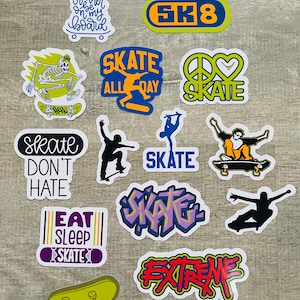 May include: A collection of 11 colourful skateboard stickers with various designs, including a skeleton on a skateboard, a peace sign with a heart, and the words "Skate All Day".