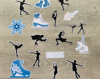 May include: A pack of 14 ice skating themed stickers. The stickers feature a variety of designs, including ice skates, snowflakes, and silhouettes of ice skaters. The text "Ice Skating" and "Be Skate" are also included. The stickers are printed on white paper with blue and black accents.