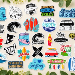 May include: A collection of vinyl stickers featuring surfing themes, including surfboards, waves, palm trees, vans, and hibiscus flowers. Text includes Aloha, Surf Club, I Have Mad Surfin Skills, Keep Surfing, Surf Trip, Beach Bum, and Merry Christmas.