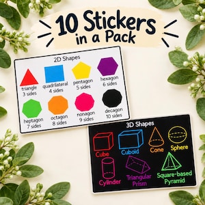 May include: A pack of 10 educational stickers featuring two rectangular sheets. One white sheet displays 2D shapes in various colours with labels, while the other black sheet shows 3D shapes in neon outlines with labels. The text 10 Stickers in a Pack is visible.