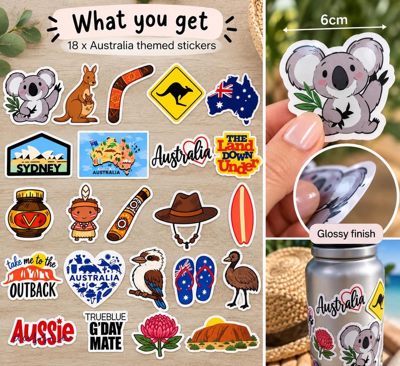 Waterproof Vinyl Australia Sticker Pack: Koala, Kangaroo, Sydney Opera House, Flag image 5