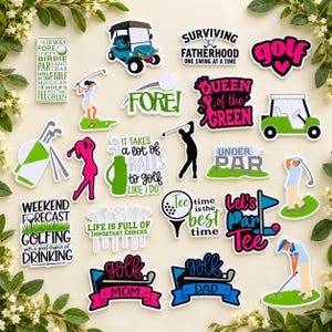 May include: A collection of golf-themed vinyl stickers featuring various designs including golf carts, clubs, bags, and text such as "Surviving Fatherhood," "Queen of the Green," "Golf Mom," "Golf Dad," and "Weekend Forecast Golfing."