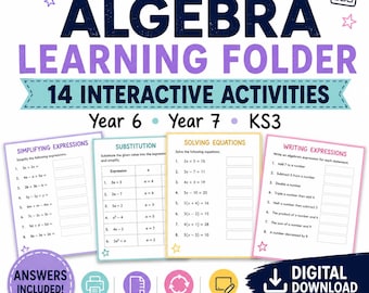 Algebra Learning Folder, 14 Interactive Algebra Activities, Year 6 Year 7 KS3/KS4 Maths Resource, Digital Download