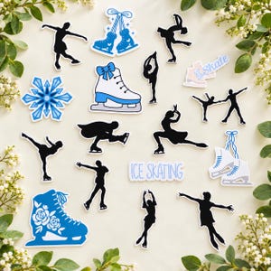 May include: A collection of die-cut stickers featuring black silhouettes of ice skaters in various poses, blue and white ice skates, a blue snowflake, and text labels reading Skate and ICE SKATING in a light blue script font.