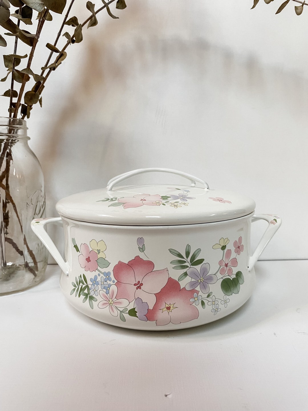 Vintage Kobe Enameled Cookware Japan White With Floral Pattern Pink