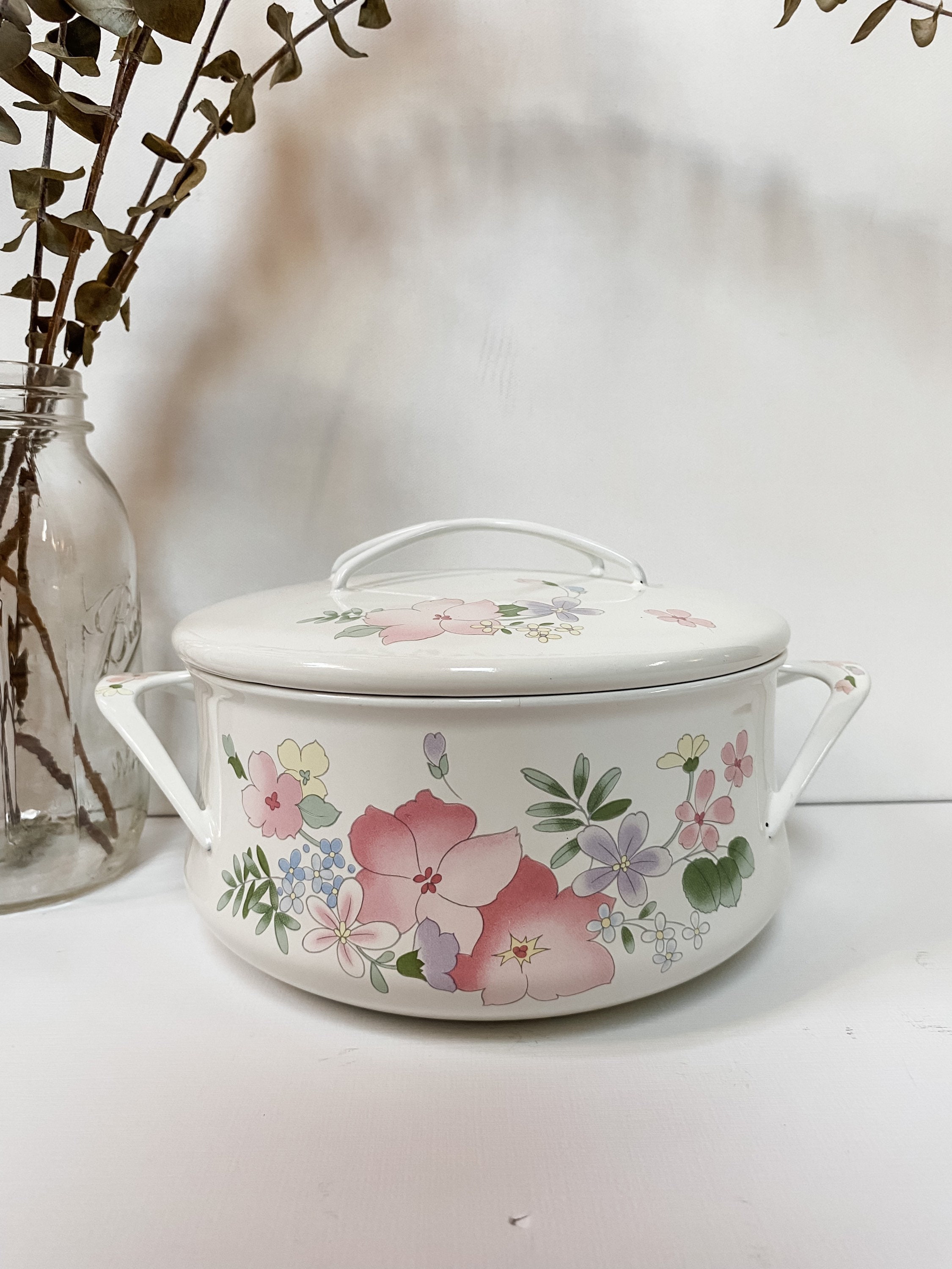 Vintage Kobe Enameled Cookware Japan | White with Floral Pattern | Pink,  Purple, Blue