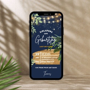 Convite digital eCard de aniversário para enviar via Whatsapp convite de aniversário rústico e personalizável lanternas de madeira festa no jardim
