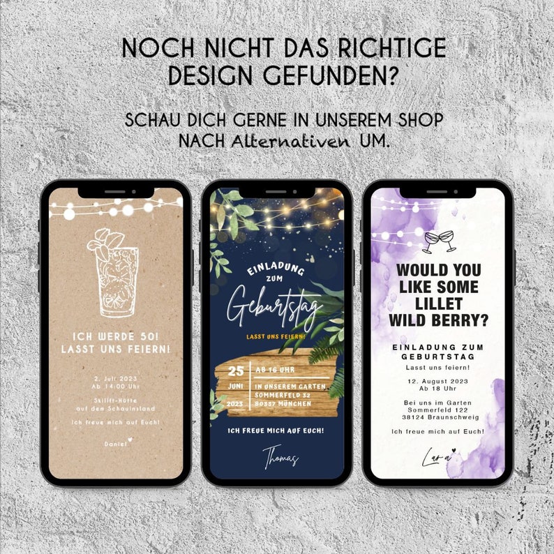 K&ouml;nnte beinhalten: Drei verschiedene Handy-Bildschirmdesigns f&uuml;r Geburtstagseinladungen. Das erste Design ist ein brauner Hintergrund mit einer wei&szlig;en Umrandung eines Glases mit einem Getr&auml;nk und einem Strohhalm. Der Text lautet "Ich werde 50! Lasst uns feiern!" Das zweite Design ist ein dunkelblauer Hintergrund mit einem Holzschild, auf dem "Einladung zum Geburtstag Lasst uns feiern!" steht, mit einem gr&uuml;nen Blatt-Rand. Das dritte Design ist ein lila Hintergrund mit einer wei&szlig;en Umrandung von zwei Gl&auml;sern mit einem Strohhalm. Der Text lautet "Would you like some Lillet Wild Berry? Einladung zum Geburtstag Lasst uns feiern!"