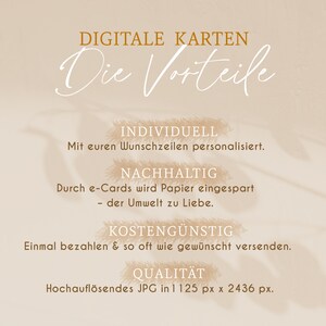 K&ouml;nnte beinhalten: Digitale Karten bieten eine Vielzahl von Vorteilen, darunter Personalisierung, Nachhaltigkeit, Erschwinglichkeit und hochwertige Bilder. Der Text lautet "Digitale Karten, Die Vorteile, Individuell, Mit Ihren Wunschzeilen personalisiert, Nachhaltig, Durch e-Cards wird Papier eingespart - der Umwelt zu Liebe, Kosteng&uuml;nstig, Einmal bezahlen & so oft wie gew&uuml;nscht versenden, Qualit&auml;t, Hochaufl&ouml;sendes JPG in 1125 px x 2436 px."