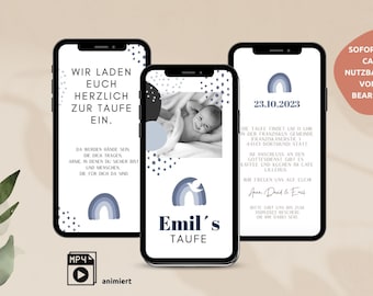 eCard Einladung Taufe digital Junge Regenbogen, animierte Einladungskarte für Kommunion zum Versenden per WhatsApp, Videoeinladung mit Foto