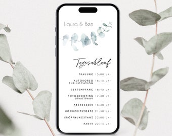 Numérique | Horaire | mariage | faire-part de mariage | Personnalisé | Envoyer via Whatsapp | eucalyptus