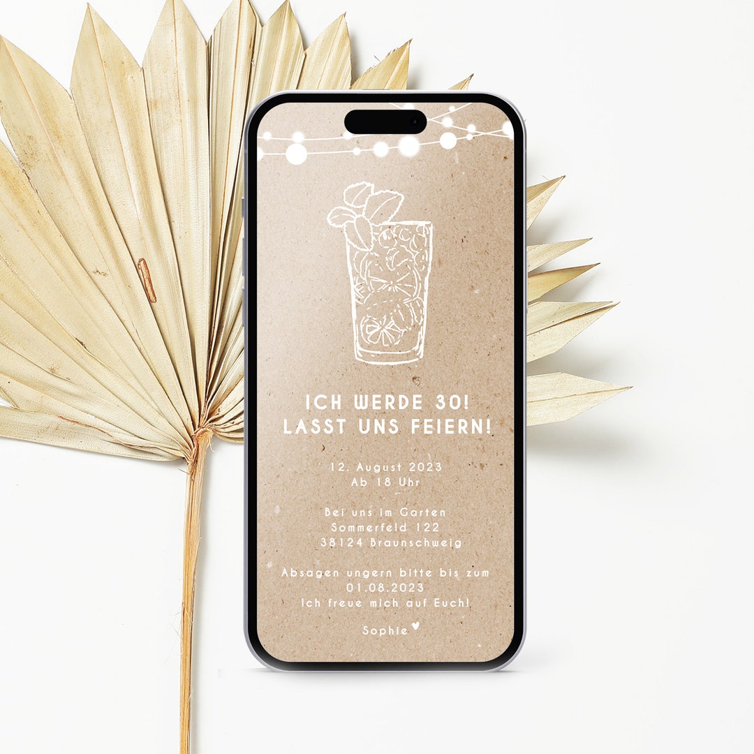 Digitale Geburtstagseinladung eCard Smartphone, Personalisierbare Custom Einladung Kraftpapier 