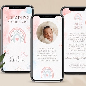 eCard invitation baptême numérique fleurs arc-en-ciel, carte d'invitation animée pour communion à envoyer via WhatsApp, invitation vidéo avec photo