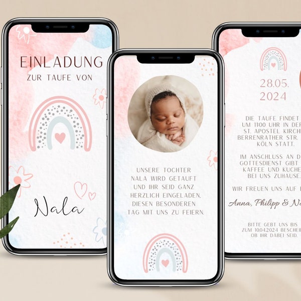eCard Einladung Taufe digital Blumen Regenbogen, animierte Einladungskarte für Kommunion zum Versenden per WhatsApp, Videoeinladung mit Foto