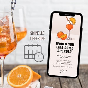 K&ouml;nnte beinhalten: Ein Smartphone-Bildschirm mit einer Grafik eines Glases Aperol Spritz mit dem Text "M&ouml;chten Sie etwas Aperol?" und Details zu einer Gartenveranstaltung am 12. August 2023 um 18 Uhr. Der Text enth&auml;lt auch die Adresse "Sommerfeld 122, 38124 Braunschweig".