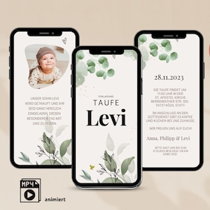 eCard invitation baptême numérique garçon, carton d'invitation animé pour communion à envoyer via WhatsApp, invitation vidéo avec photo eucalyptus