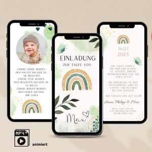 eCard Einladung Taufe digital Junge Regenbogen, animierte Einladungskarte für Kommunion zum Versenden per WhatsApp, Videoeinladung mit Foto