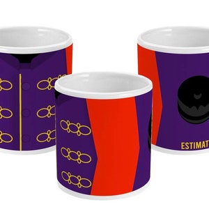 May include: Three white ceramic mugs with different designs. The first mug has a purple and gold design with a pattern of interlocking circles. The second mug has a purple and red design with a pattern of interlocking circles. The third mug has a purple design with a black circle and the word "ESTIMATE" in gold letters.