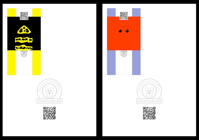 May include: Two printable coloring pages featuring simple designs. The first page features a black and yellow bee with a honeycomb pattern. The second page features a red square with two black eyes and a blue border.