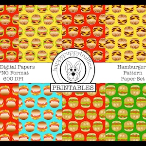 Peut inclure: Ensemble de huit papiers numériques à motifs représentant un hamburger. Les motifs sont en rouge, jaune, bleu et vert avec des accents blancs. Le texte "Happy Puppytruffles Printables" et "Hamburgers Pattern Paper Set" est inclus dans l'image.
