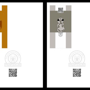 May include: Two printable papercraft frog figures. The first frog is brown with yellow stripes and the second frog is gray with white spots. Both frogs have large black eyes and are sitting upright.