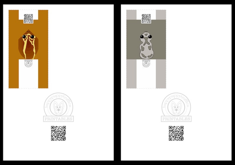 May include: Two printable papercraft frog figures. The first frog is brown with yellow stripes and the second frog is gray with white spots. Both frogs have large black eyes and are sitting upright.