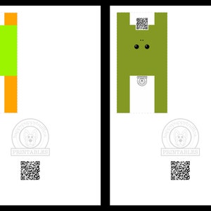 May include: Two printable papercraft frog templates. The first frog is green with orange legs and red eyes. The second frog is green with black eyes. Both frogs have a QR code on their chest.